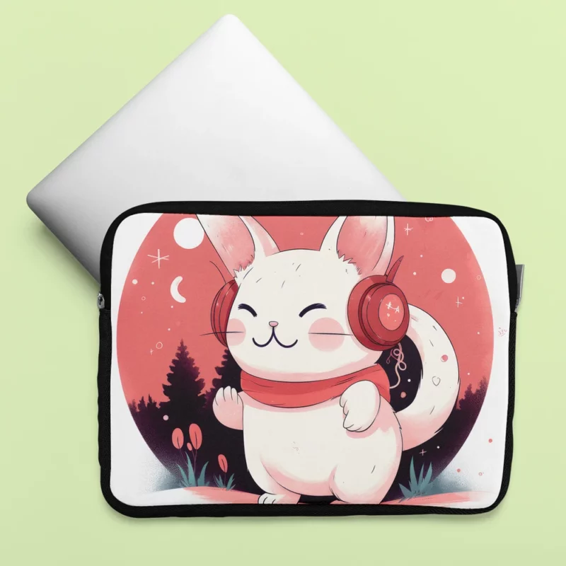 Music-Listening Cat with Red Scarf Laptop Sleeve