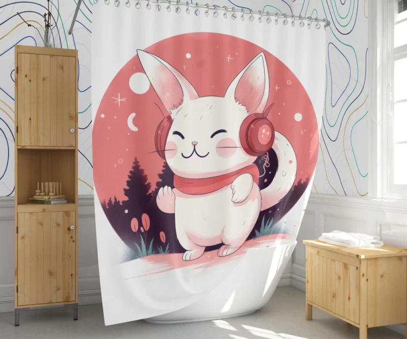 Music-Listening Cat with Red Scarf Shower Curtain 1