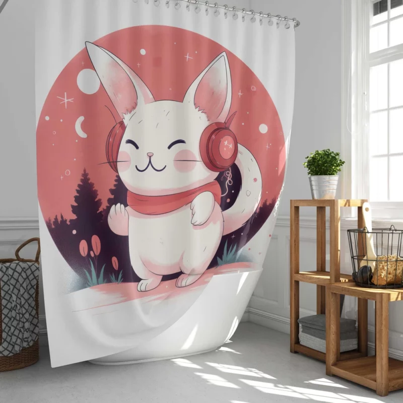 Music-Listening Cat with Red Scarf Shower Curtain