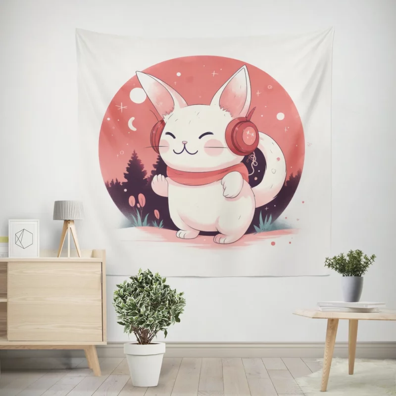 Music-Listening Cat with Red Scarf Wall Tapestry