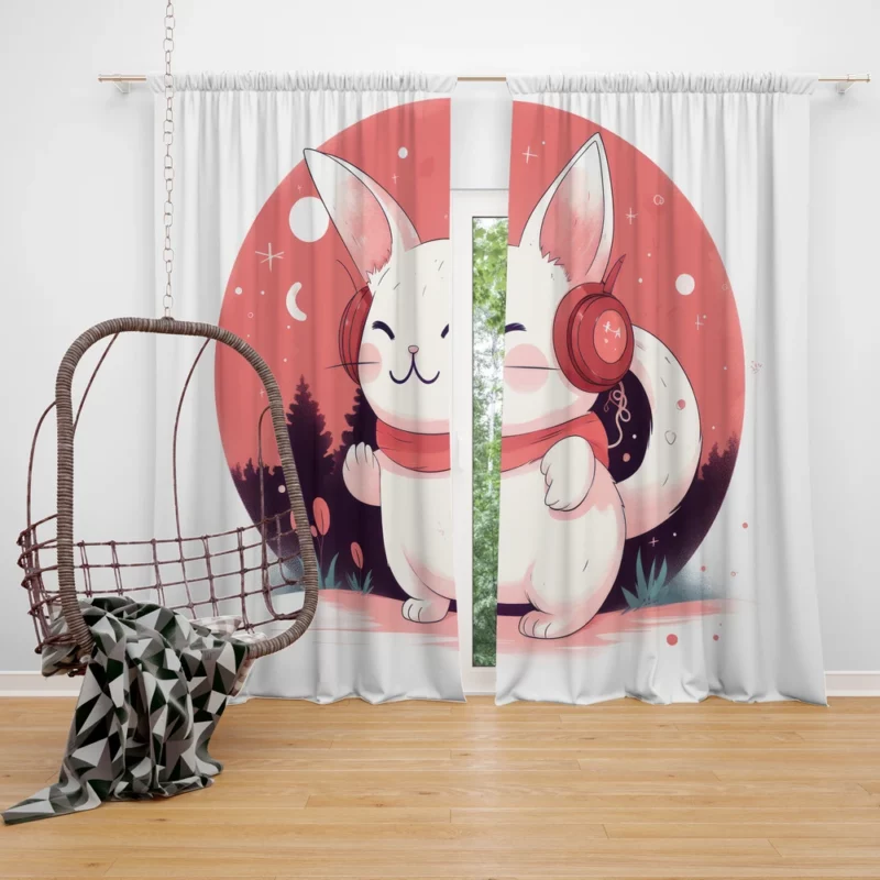 Music-Listening Cat with Red Scarf Window Curtain