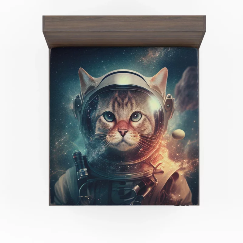 Nebula Background Space Suit Cat Fitted Sheet