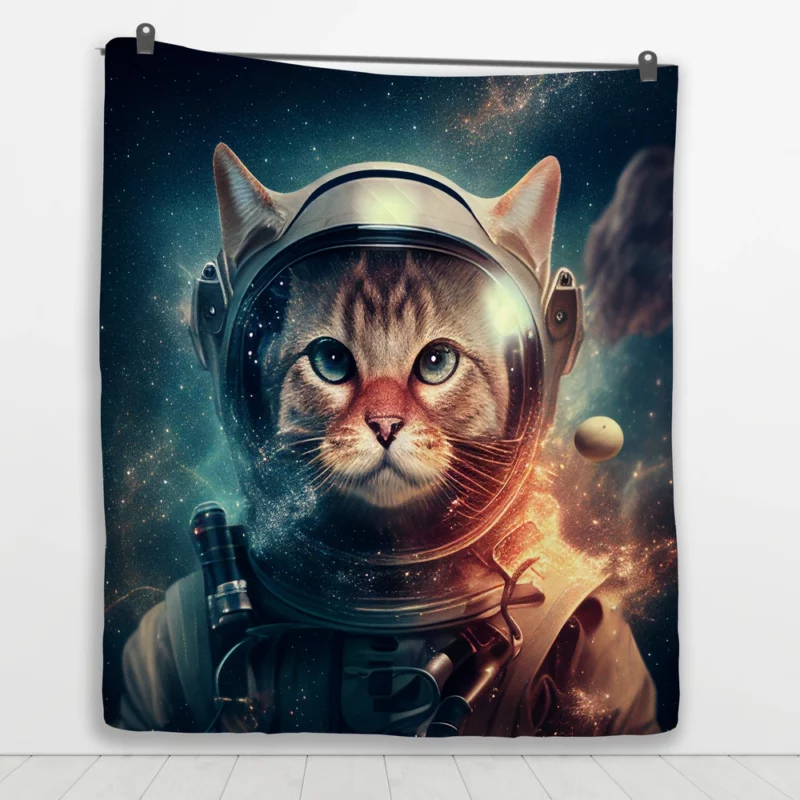 Nebula Background Space Suit Cat Quilt Blanket 1