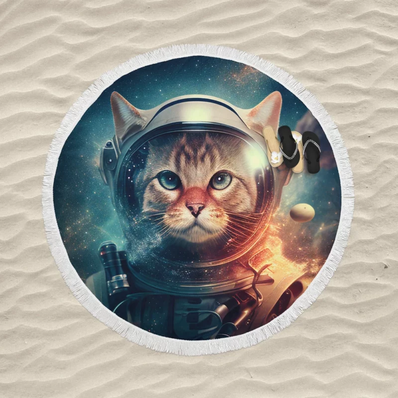 Nebula Background Space Suit Cat Round Beach Towel