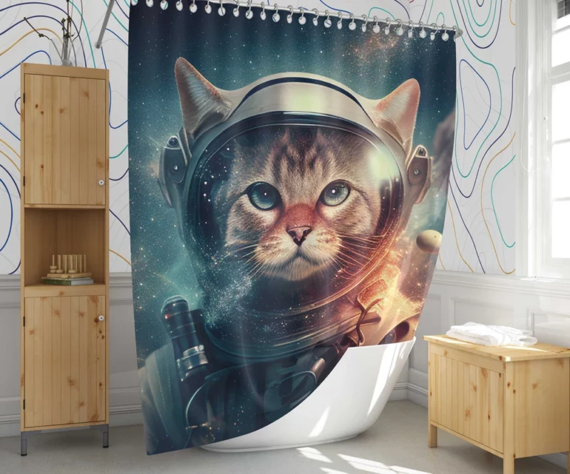 Nebula Background Space Suit Cat Shower Curtain 1