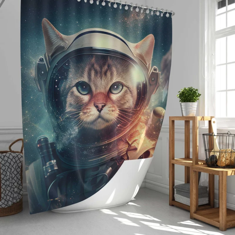 Nebula Background Space Suit Cat Shower Curtain