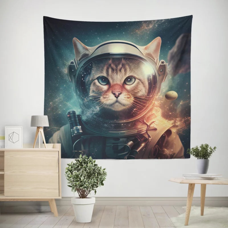 Nebula Background Space Suit Cat Wall Tapestry