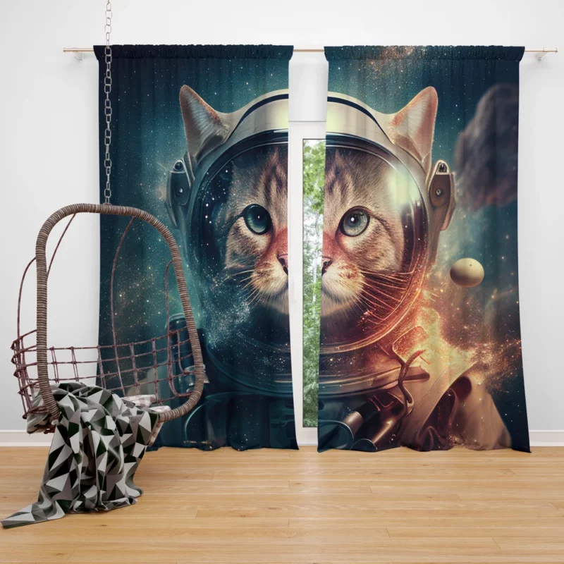 Nebula Background Space Suit Cat Window Curtain