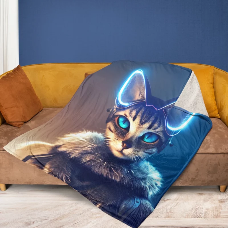 Neon Anthropomorphic Cat Print Fleece Blanket 1