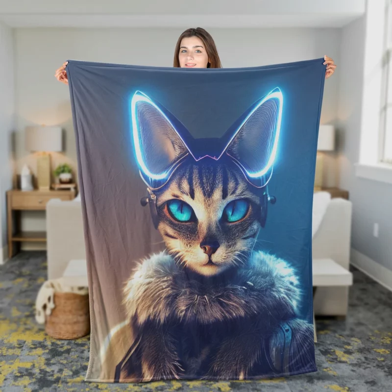 Neon Anthropomorphic Cat Print Fleece Blanket 2