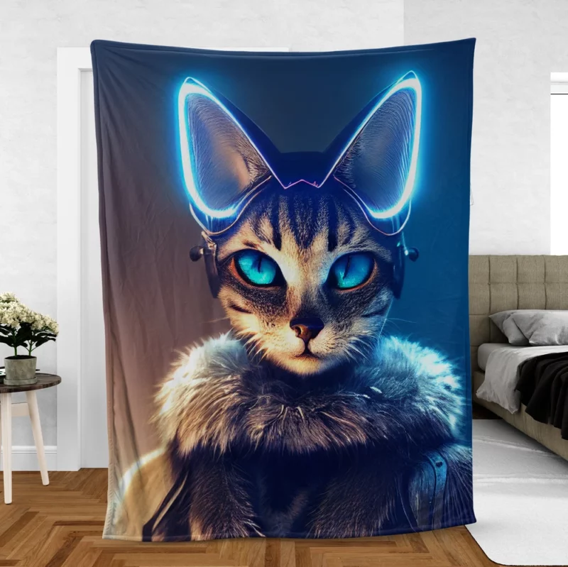 Neon Anthropomorphic Cat Print Fleece Blanket