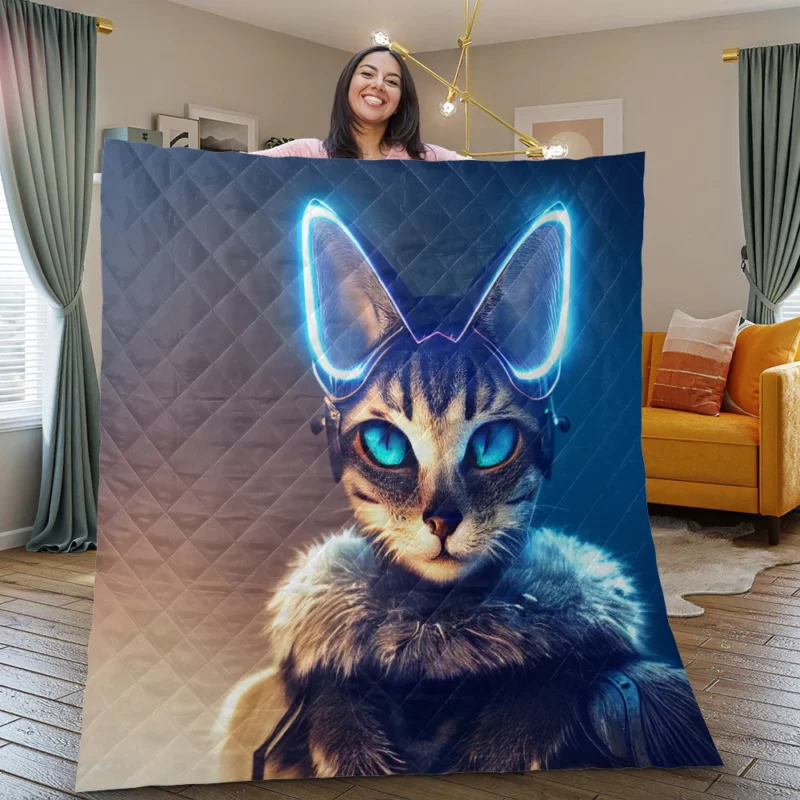 Neon Anthropomorphic Cat Print Quilt Blanket