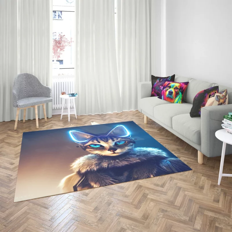 Neon Anthropomorphic Cat Print Rug 2