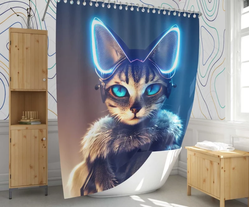 Neon Anthropomorphic Cat Print Shower Curtain 1