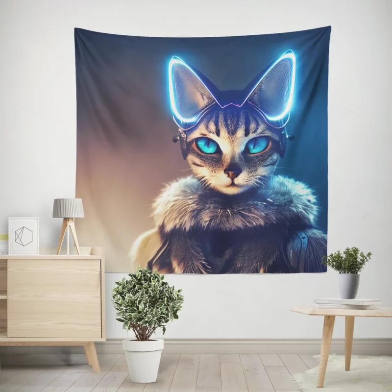 Neon Anthropomorphic Cat Print Wall Tapestry