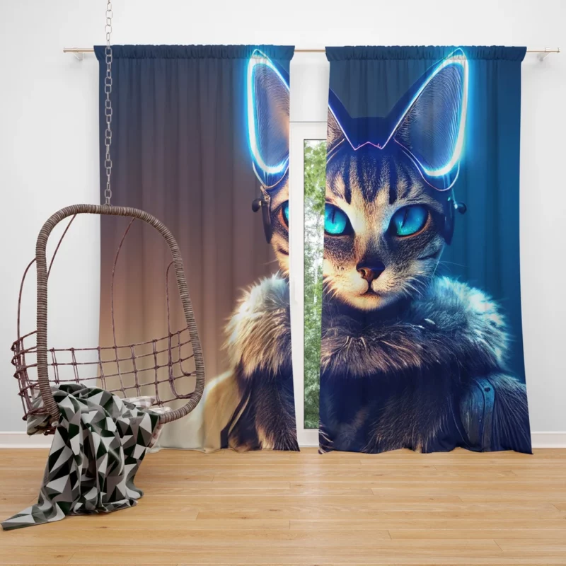 Neon Anthropomorphic Cat Print Window Curtain