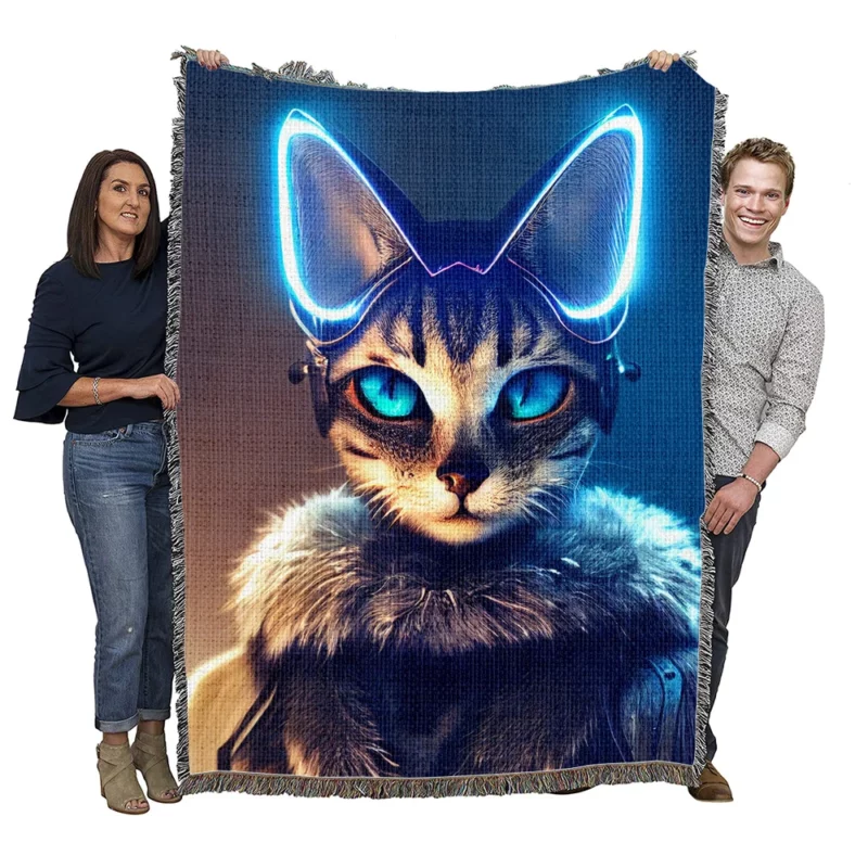 Neon Anthropomorphic Cat Print Woven Blanket