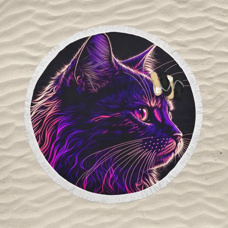 Neon Pop Art Cat Portrait Round Beach Towel