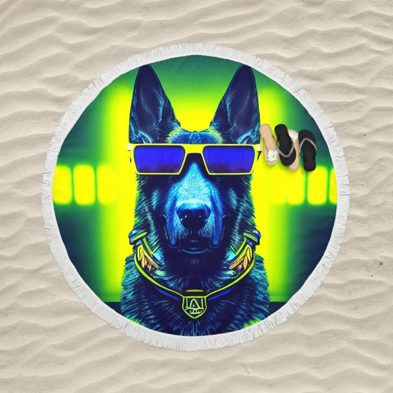 Neon Shades Dog Portrait Round Beach Towel