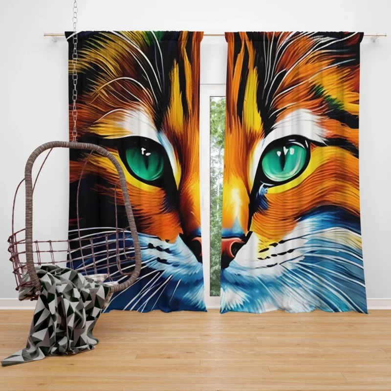 Oil Painting of a Cat Window Curtain