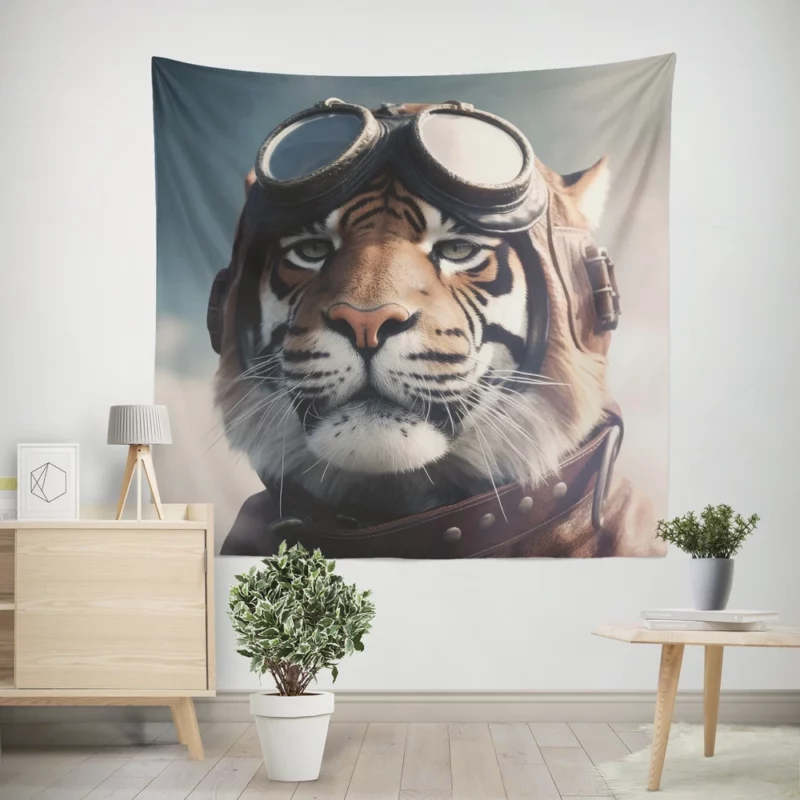 Pilot Hat Tiger Print Wall Tapestry