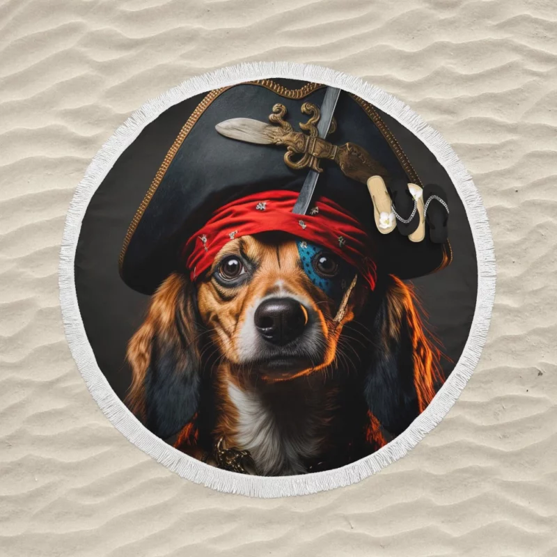 Pirate Dog with Knife Round Beach Towel