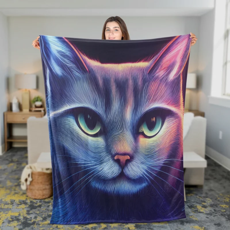 Pretty Blue Cat Portrait Fleece Blanket 2