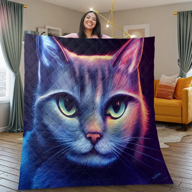 Pretty Blue Cat Portrait Quilt Blanket