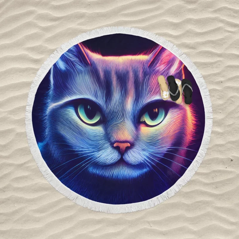 Pretty Blue Cat Portrait Round Beach Towel