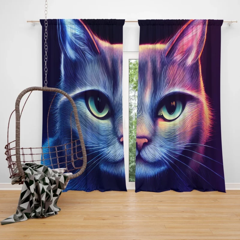 Pretty Blue Cat Portrait Window Curtain