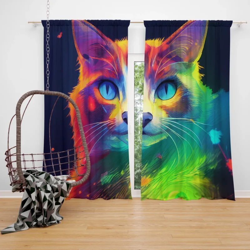 Pretty Cat Portrait in Watercolor Window Curtain