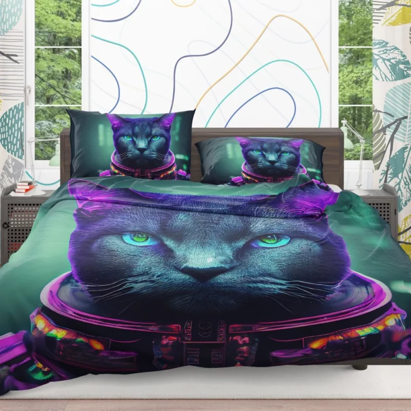 Protective Astronaut Cat with Green Eyes Bedding Set