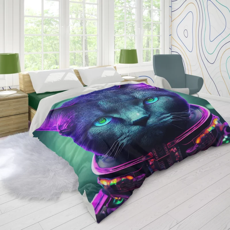 Protective Astronaut Cat with Green Eyes Duvet Cover