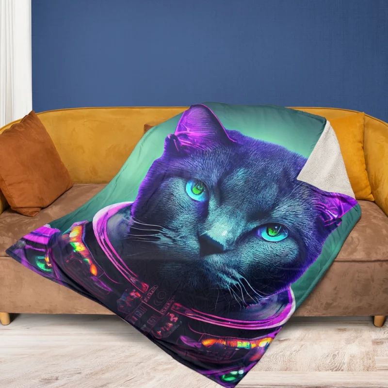 Protective Astronaut Cat with Green Eyes Fleece Blanket 1