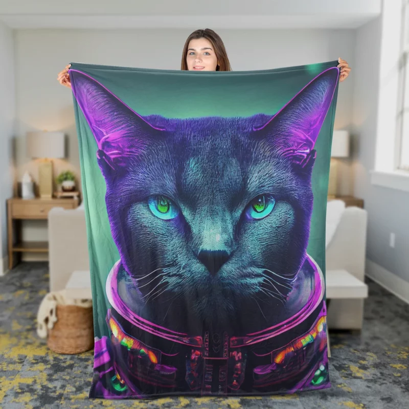 Protective Astronaut Cat with Green Eyes Fleece Blanket 2