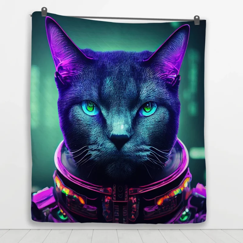 Protective Astronaut Cat with Green Eyes Quilt Blanket 1