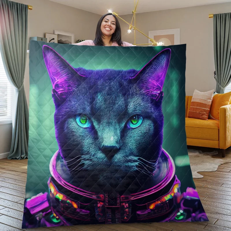 Protective Astronaut Cat with Green Eyes Quilt Blanket