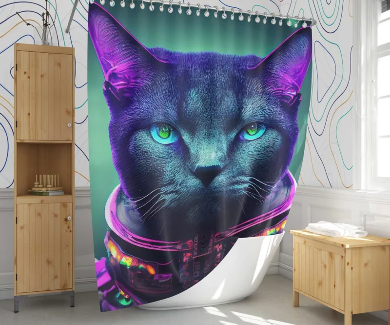 Protective Astronaut Cat with Green Eyes Shower Curtain 1