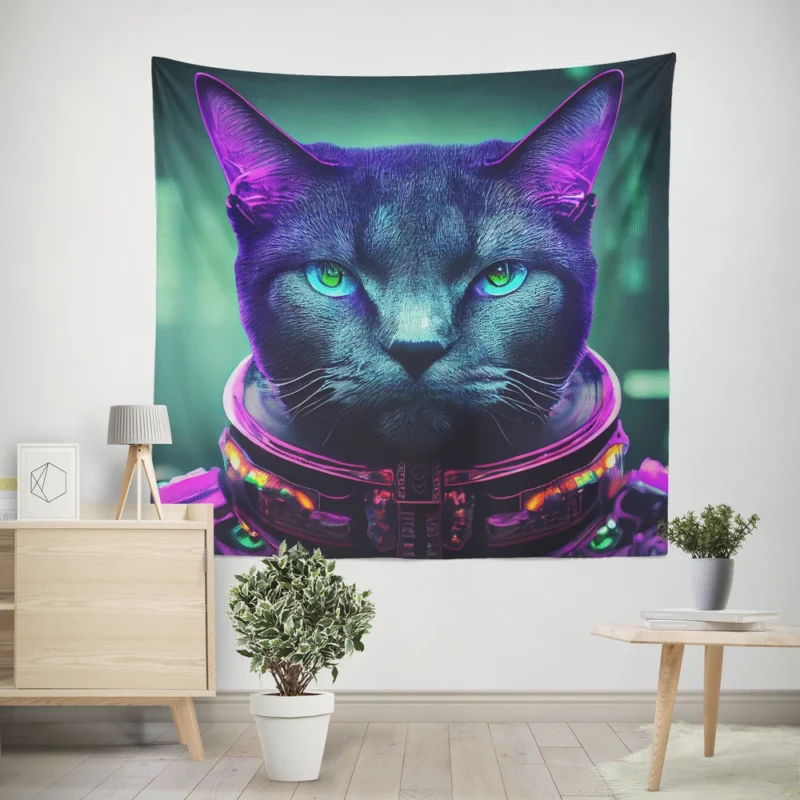 Protective Astronaut Cat with Green Eyes Wall Tapestry