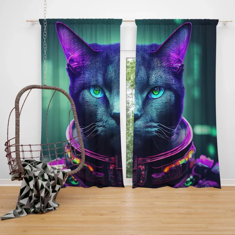 Protective Astronaut Cat with Green Eyes Window Curtain