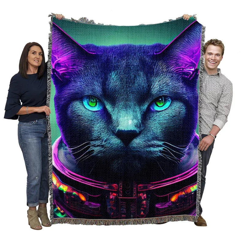 Protective Astronaut Cat with Green Eyes Woven Blanket