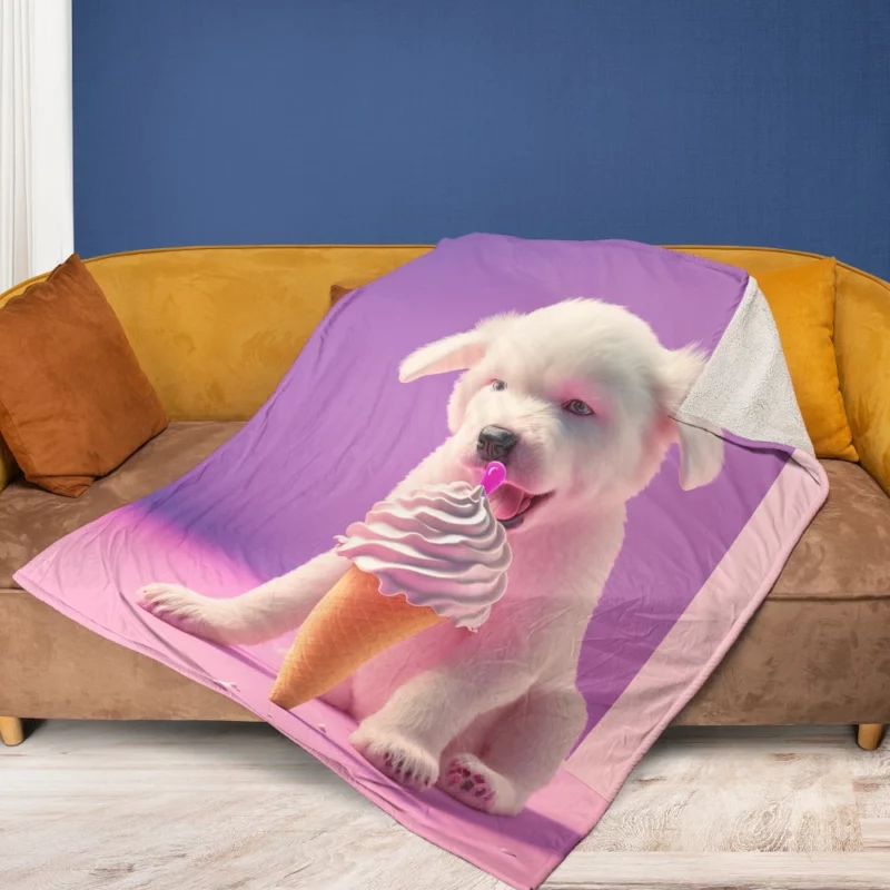 Puppy with Ice Cream Print Fleece Blanket 1