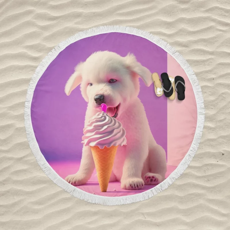 Puppy with Ice Cream Print Round Beach Towel