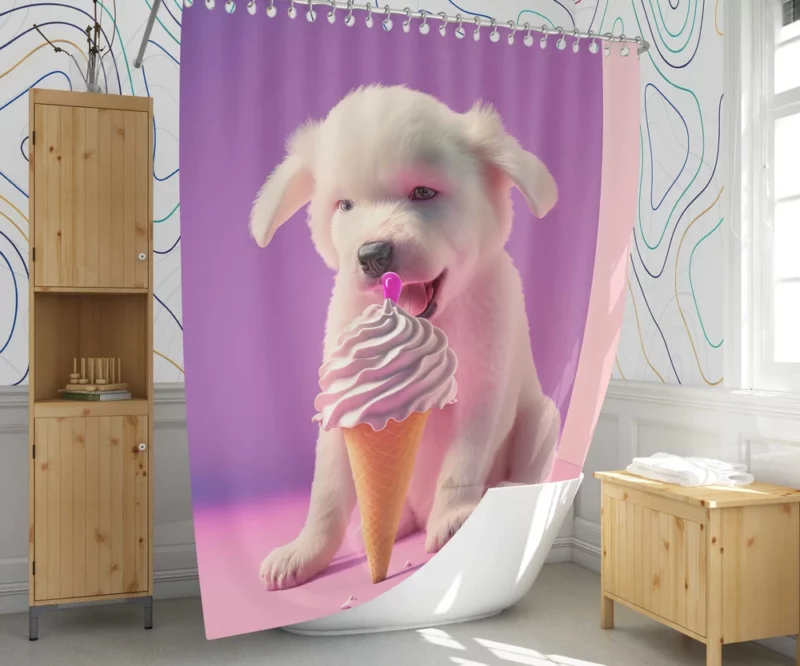 Puppy with Ice Cream Print Shower Curtain 1