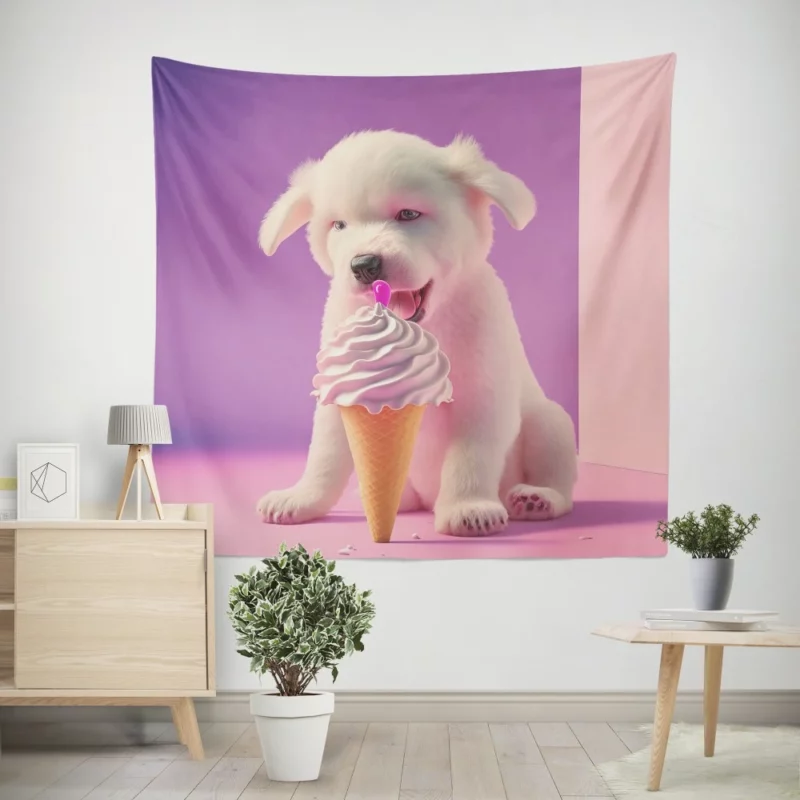 Puppy with Ice Cream Print Wall Tapestry