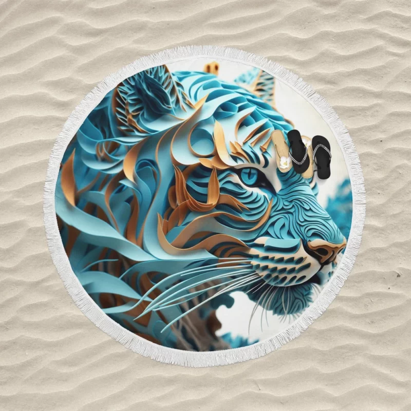 Quilled Tiger Sculpture Round Beach Towel