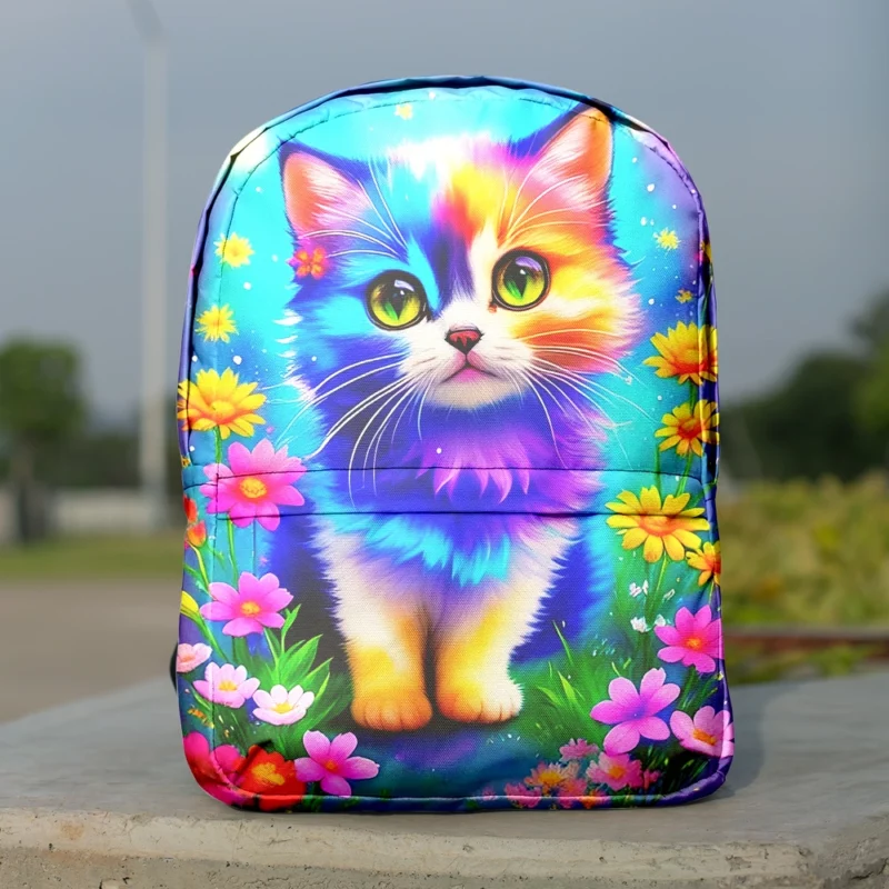 Rainbow-Colored Cat Among Flowers Backpack