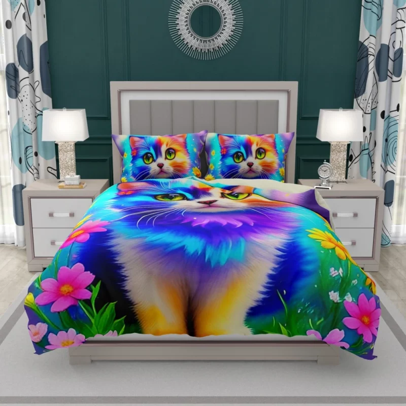 Rainbow-Colored Cat Among Flowers Bedding Set 1