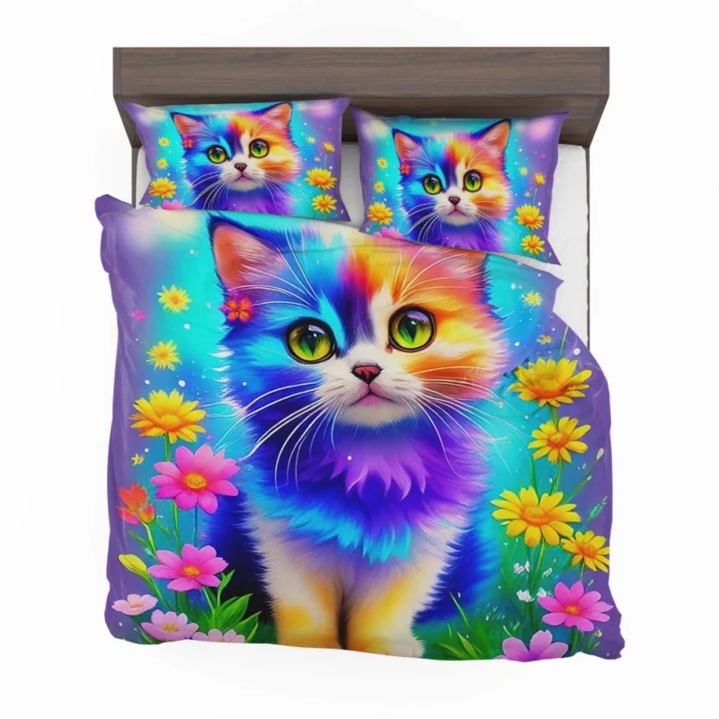 Rainbow-Colored Cat Among Flowers Bedding Set 2