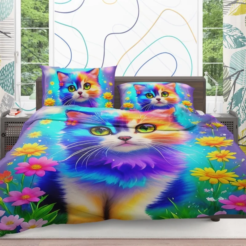 Rainbow-Colored Cat Among Flowers Bedding Set